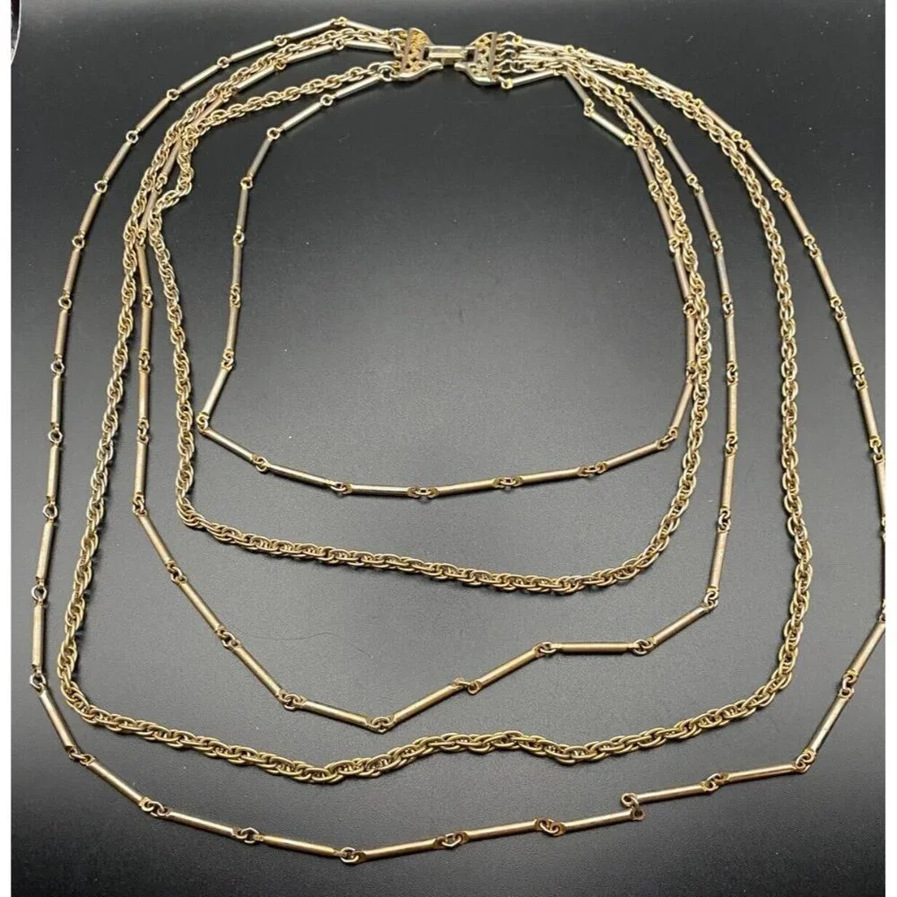 Vtg 50's-60's Chain Necklace Layered Bar Link Rope Yellow Gold Tone 5 Strand 31" - Picture 3 of 6